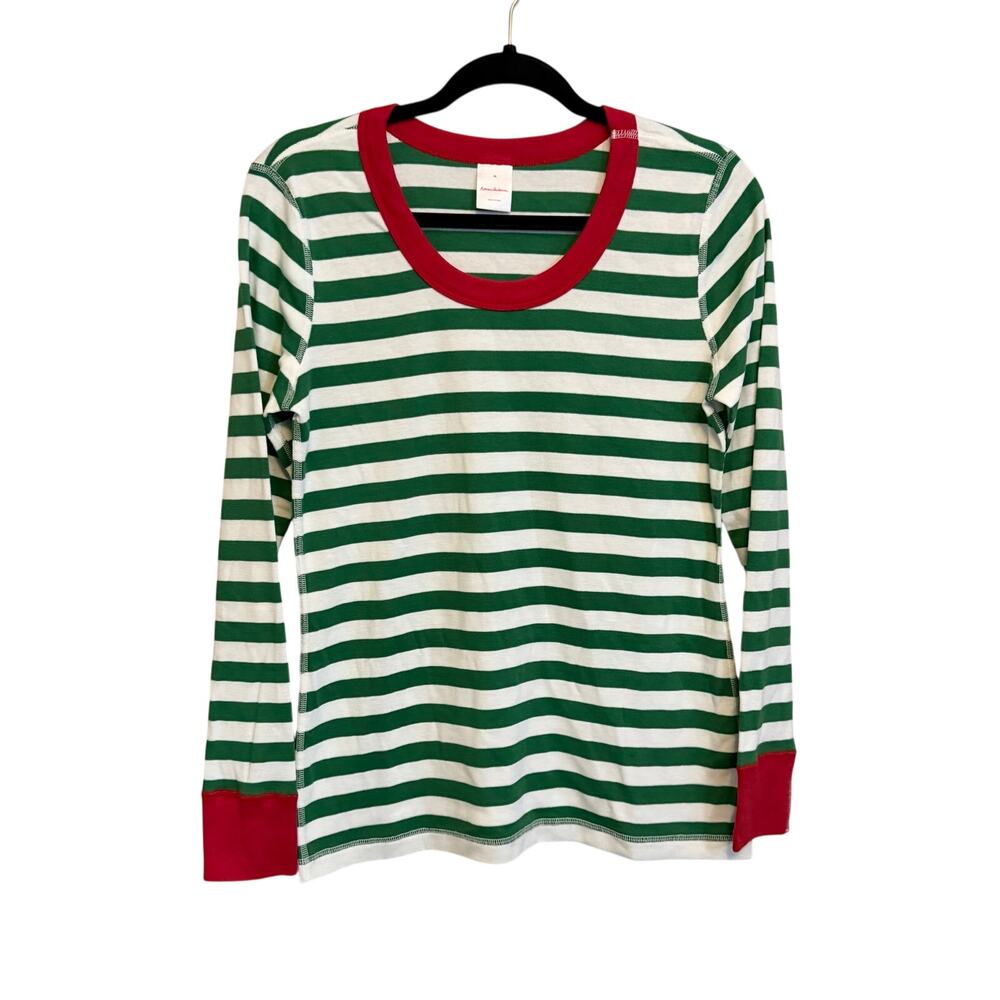 Hanna Andersson Pajama Top M Green White Striped Cotton Christmas Holiday Comfy